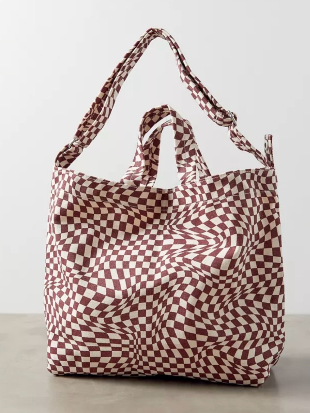 BAGGU Burgundy and Cream Checkerboard Tote